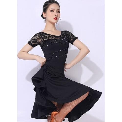 Latin Dance Costume Women Dress Black Lace Rhinestone Short Sleeve Practice Dress Adult Ballroom Tango Dancing Clothes VDB1974