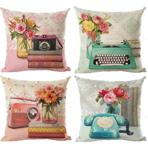 Creative Camera Printing Cushion Cover Cotton Linen Pillowcase For Sofa Radio Telephone Decoration Pillowcase Cushion Cover