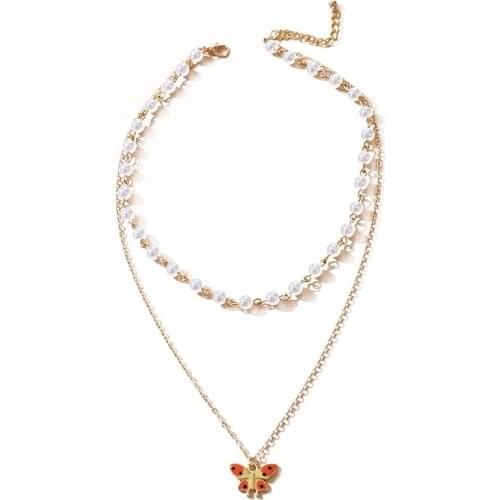 Multilayer Pendant Necklace Korean White Simple Faux Pearl Yellow Butterfly Long Neck Girls Chain Jewelry Statement Wholesale