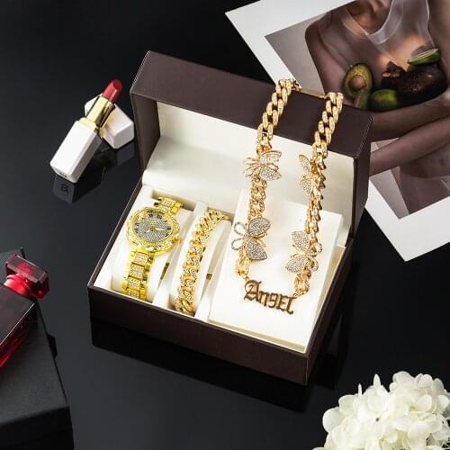 Fashion Women Watch Set Luxury Watches Cuban Necklaces Bracelet Clavicle Chain Butterfly Rhinestones Bling Jewelry Sets Gifts