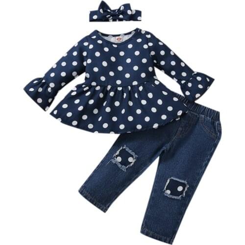 One persent 2021 Baby Girl Clothing Infant Long Sleeve T-shirt Ripped Pants Headband 3pcs Outfits Party Clothes Set