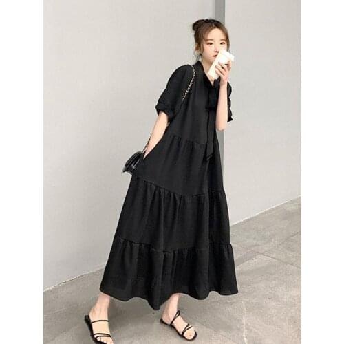 Summer New Black Short-Sleeved Dress Female Student Korean Version Loose And Thin College Style Long Cake Skirt Tide