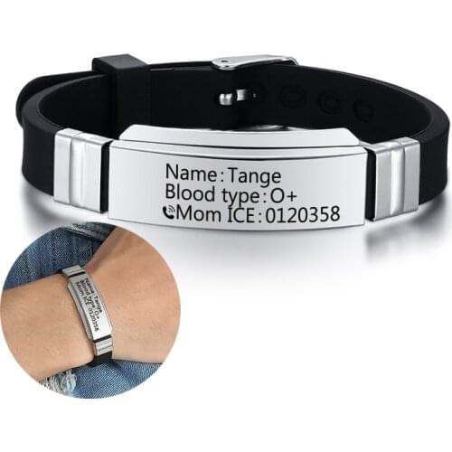 Personalized Custom Silicone Sport Medical Alert Bracelets Kids Men Stainless Steel Adjustable Wristband Emergency Jewelry