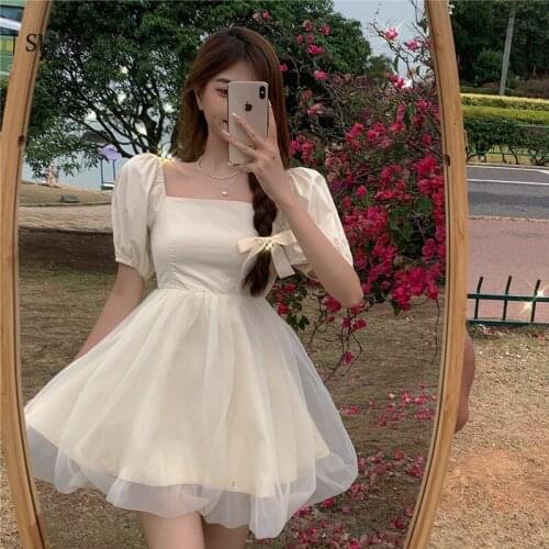 SLPBELY French Backless Cross Mesh Dress For Women Summer Elegant Square Collar Puff Sleeve Dress A Line Dress Vestido Sundress