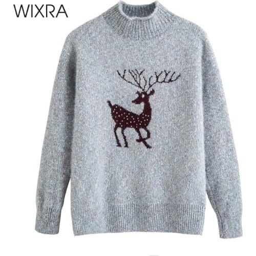 Wixra Christmas Pullovers Sweaters Women Basic Long Sleeve Casual Deer Print Jumpers Holiday Knitted Clothing Autumn Winter