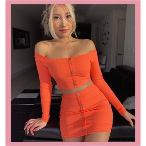 Off shoulder Sexy Fluorescent Long Sleeve Crop Top Short Skirt Two Piece Sets Button Bodycon Outfuts For Women Clothes Suit