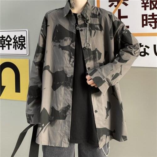 Harajuku Dark Black Hip-Hop Street Tie-Dye Splash Ink Long-Sleeved Ladies Shirt Autumn Personality Vintage Loose Wild Mens Top