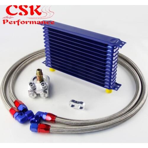 Universal 13 Row 262mm AN10 Engine Transmission Oil Cooler Trust Type + Aluminum Filter Adapter Kit Silver/Blue/Black