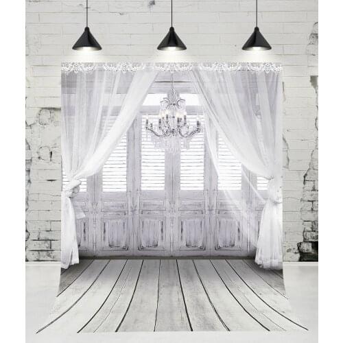 VinylBDS White Curtain Indoor Wedding Background Vintage Chandelier Wedding Backdrop Wooden Floor Backdrop for Photo Studio