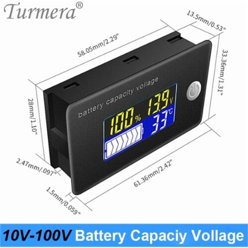 Turmera 12V 24V 36V 48V 60V 72V Li-ion Lifepo4 Lead acid Battery Capacity Indicator Display LCD Voltmeter Temperature Meter Test