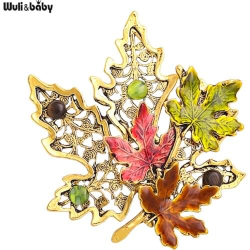 Wuli&baby 2021 Vintage Maple Brooches For Women Rhinestone Enamel Leaves Office Party Brooch Pin Gifts
