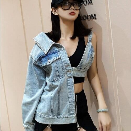2021 Summer Fashion Gothic Women Half Denim Jacket Spliced One Off Shoulder Slim Ladies Tops Street Style Clothes Kurtki Bomber