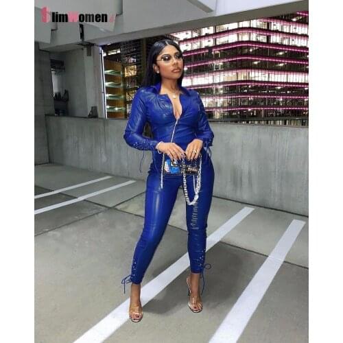 Women Clothing Fashion Streetwear Outfits Cool Moto Bandage Pu Leather Two Piece Set Long Sleeve Zip Coat Lace Up Bodycon Pants