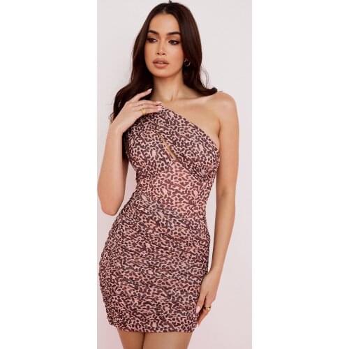 2021 New Arrival Good Quality Summer Women brown print one shoulder cut out Mini Dress Party Eveing Dress Wholesale dropship