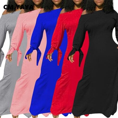 CM.YAYA Autumn Winter Streetwear Women Tie Up Long Sleeve Slash Neck Long Dress Vintage Off Shoulder A-line Maxi Dresses