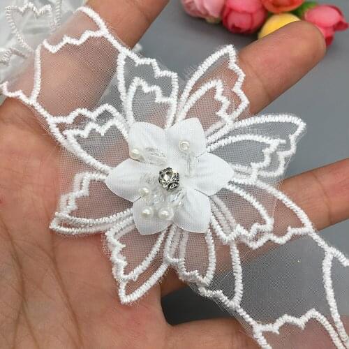 10x Wedding French Lace Fabric Pearl 3D Flower Lace Trim Ribbon Embroidered Sewing Craft For Costume Hat Shoes Decoration