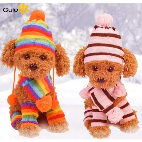 3Pcs/set Cute Pet Scarf Winter Warm Round Ball Hat Footwear Sloves Sets Dog Cat Hand-woven Clothes For Animals Within 6kg