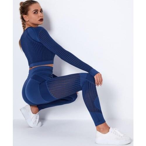 HGC Seamless Fitness Suit Women 2 Piece Set Yoga Leggings Top Long Sleeve Breathable Running Sportwear Gym Workout Sports Outfit