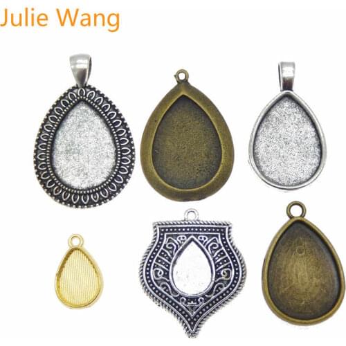 Julie Wang 6PCS Mixed Teardrop Bezel Tray Photo Setting Base With Matching Clear Glass Cover Cabochon For Pendant Jewelry Making