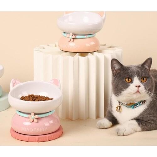 Ceramic Cat Bowl Feeder with Mat Raised Stand Bone China Cervical Protect Food Water Ceramic Bowl
