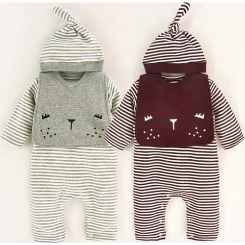 Siyubebe Newborn Baby Boy Romper Sets Infant Bebe Cotton Striped Long Sleeve Ropa Baby Girl Jumpsuit+Hat+Bibs 3Pcs Set Clothes