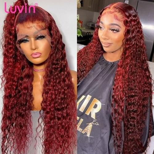 Luvin 30 32 40 Inch Red Colored Ginger Curly 13x4 Lace Front Human Hair Wigs 180% Deep Wave T Part Lace Wig Remy For Black Women
