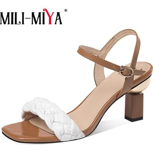 MILI-MIYA 2021 Ladies Woven Buckle Strap Sandals High Quality Special Shaped Heel Square Open Toe Party Dress Shoes Brown Green