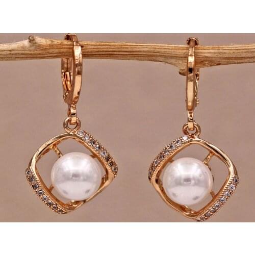 Trendy Gold Copper Square Dangle Pearl Earrings White Zirconia Stone For Women Girls Fashion Jewelry Accessories Wedding Gift