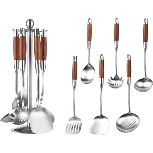 7pcs Stainless Steel Kitchen Utensil Set Cooking Tools Non-rusting Cookware with Wooden Handle Holder Kitchen Accessories Tool