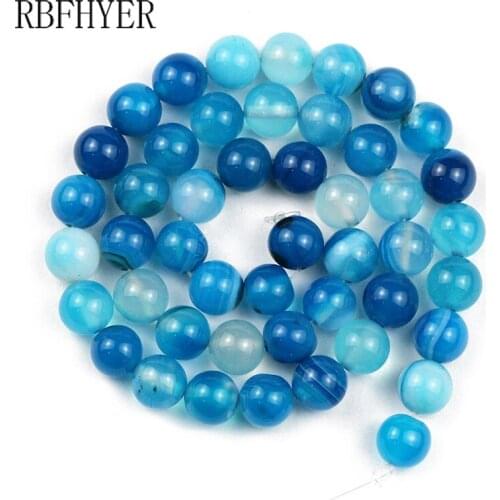 Natural Lake Blue Striated Agates Onyx Beads Round Loose Beads For Jewelry Making DIY Bracelet Necklace 15''inches 4/6/8/10/12mm