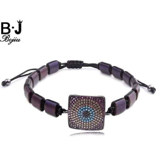 Bojiu Dazzling Stone Bracelet Men Square Gold Rhinestones Pendant Natural Stone knotted Adjustable Size Bracelet For Men MBC55