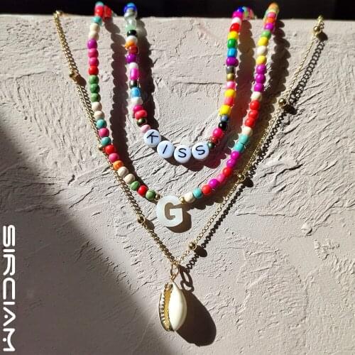 3Pcs Initials Shell Pendant Beaded Necklace For Women Turquoise Rainbow Seed Bead Kiss Letter DIY Name Choker Friendship Jewelry