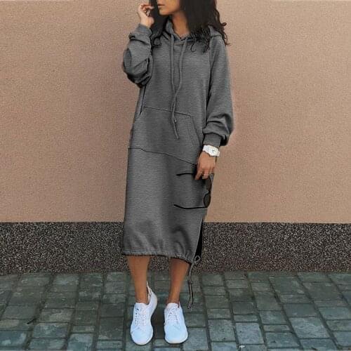 Celmia Winter Warm Women Hoodies Sweatshirt Dress 2021 Fashion Long Sleeve Fleece Dresses Solid Drawstring Hooded Vestidos 5XL