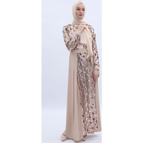 Luxery Sequins Stitching Long Dress Muslim Ramadan Abraya Round Neck Elegant Summer Women Breathable Caftan High Waist Arab