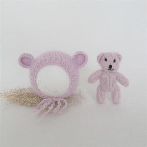 Fluffy Teddy Bear Hat Stuffer Toy Set Newborn Photograpy props Knitted Angola Animal Toy Baby Fuzzy Bear Hat Photo Props
