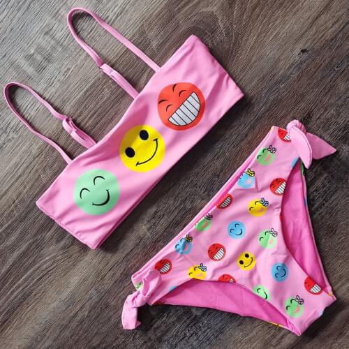 Smiley Face Girls Swimsuit Swimwear 7-14 Years Girl Bikini Set Padded Two Piece Childrens Swimwear Girl Bathing Suit Beachwear