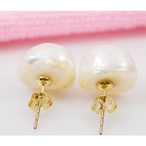 Terisa Unique Baroque Pearl Stud Earrings S925 Sterling Silvers Gold Color White Freshwater Pearl 16mm Huge Real Pearl Earrings