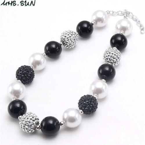 MHS.SUN 5PCS White+Black Fashion Kids Girls Chunky Beaded Necklace Round Bubblegum Handmade Children Necklace Choker Gift