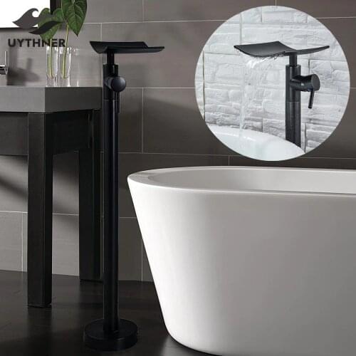 Uythner Black Bronze Waterfall Bathroom Shower Bath Tub Mixer Tap Bathroom Faucet Floor Mounted Tub Tap Single Handle hot Cold