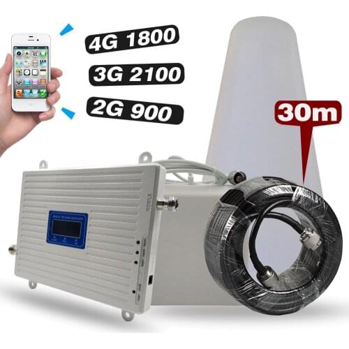 Tri Band Mobile Signal Booster 2G GSM 900+2G 4G DCS/LTE 1800+3G UMTS WCDMA 2100 Cellphone Signal Repeater Amplifier FullSet 30M