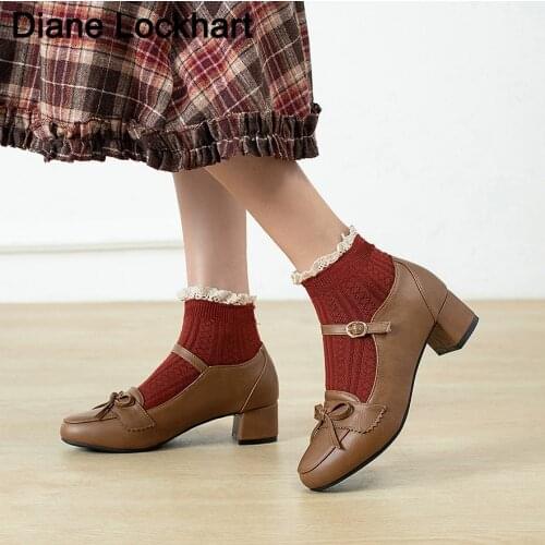 Spring New Retro Low Heels Womens Bow Pumps Fashion Lady Vintage Platform Shoes Woman Round Toe Mary Jane Shoes Zapatos Mujer