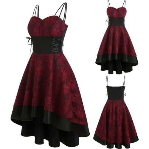 Vintage Lace Spaghetti Strap Dress 2021 New Year High Waist A-Line Gothic Wine Red Платья Sleeveless Dresses Navidad Женское Пла