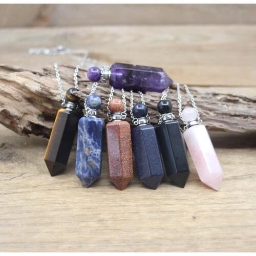 Goldstone Sodalite Hexagonal Point Perfume Bottle Pendant Necklace Natural Crystal Stone Essential Oil Vial Charm Jewelry QC1096