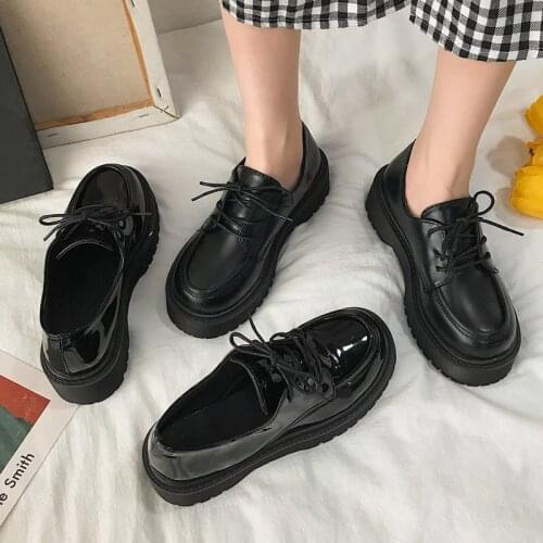 Women Lace Up Platform Shoes Patent Leather Casual Shoes Flat on Platform Lolita Shoes Thick Sole Oxford Shoes Black Girls 9110G
