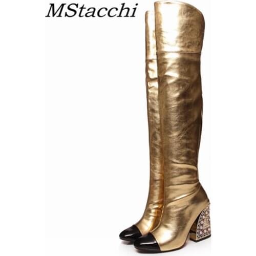 MStacchi 2021 High Heel Over The Knee Women Boots Rhinestone Round Toe Mixed Colors Strange Heel Shoes Sexy Ladies Botas Spring