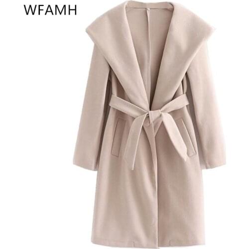 2021 New Womens Straight Loose Temperament Lace-up Hooded Suit Collar Overcoat Jacket Polyester Full Long Pockets Regular