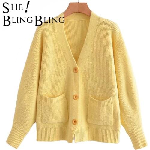SheBlingBling Za Woman 2021 Traf Sweaters Tops Autumn Winter Single Breasted Patch Pockets Loose Female Knit Cardigan Chic Pull