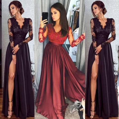 Womens Bandeau Sexy Lace Split Long Evening Club Dress Ladies V Neck Sexy Lace Long Sleeve High Waist Party Ball Gown Dress