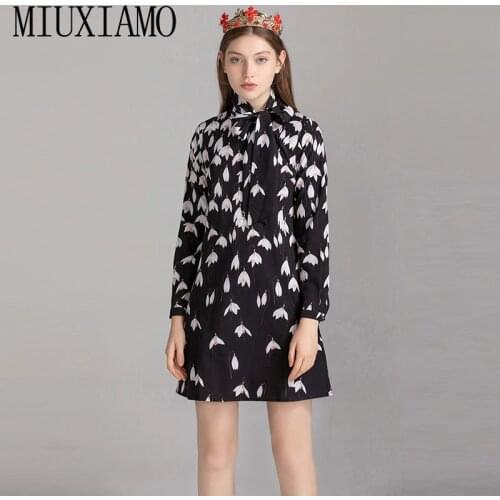 MIUXIMAO 2020 Fashion Runway Design Fall Casual Dress Women Magnolia Flower Print Bow Full Sleeve Vintage Dress Women vestido