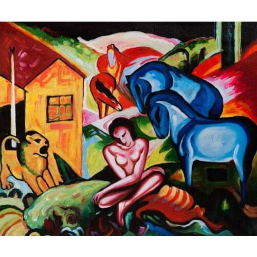 Handmade Figurative Abstract Oil Painting for Wall Decor - The Dream by Franz Marc, Canvas Home Decoration Painting Horizontal